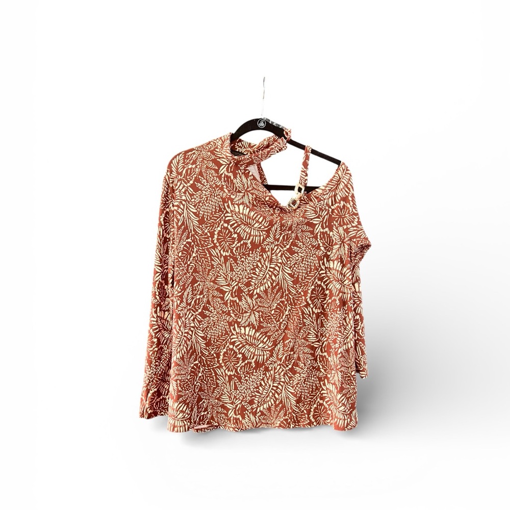 Forbidden Society Rust/Tan Floral Women's Cold Shoulder Jersey Top 1X NWT